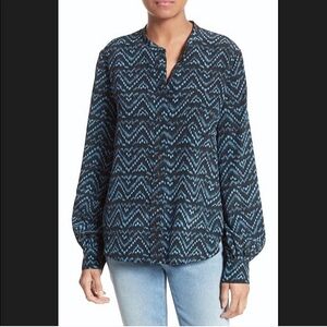 A.L.C. Silk Ikat Mandarin Collar Blouse Size 4 Teal/Green/Black